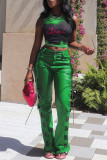 Green Street Letter Tie Dye Patchwork Mesh O Neck Tops