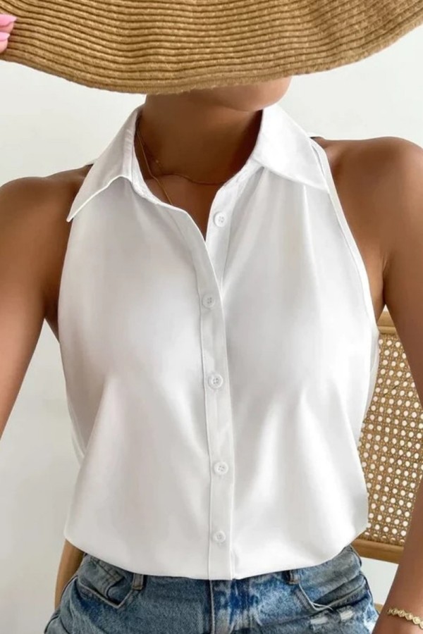 White Casual Print Solid Patchwork Shirt Collar Tops
