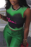 Green Street Letter Tie Dye Patchwork Mesh O Neck Tops