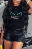 Black Casual Print Letter O Neck T-Shirts