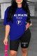 Blue Casual Print Letter O Neck Short Sleeve Two Pieces