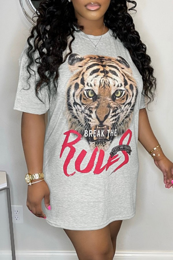 Grey Casual Print Basic O Neck T-shirt Dress Short Sleeve Dress
