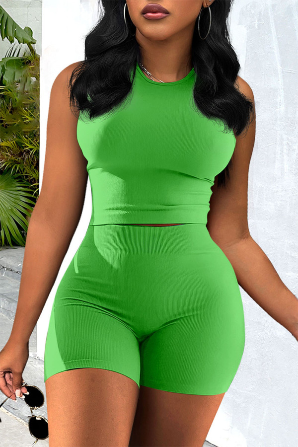 Fluorescent Green Casual Sportswear Solid Patchwork O Neck Two Pieces