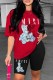 Red Casual Print Letter O Neck Short Sleeve Two Pieces