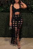 Black Sexy Solid Tassel Hollowed Out See-through U Neck Vest Dress Dresses