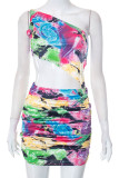 Colour Sexy Print Patchwork Frenulum Fold Oblique Collar Sleeveless Two Pieces