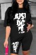Black Casual Print Letter O Neck Short Sleeve Two Pieces
