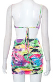 Colour Sexy Print Patchwork Frenulum Fold Oblique Collar Sleeveless Two Pieces