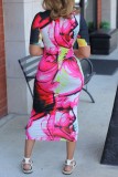 Rose Red Casual Print Basic O Neck Short Sleeve Dress