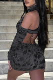 Grey Sexy Solid Ripped Hollowed Out Patchwork Half A Turtleneck Wrapped Skirt Dresses