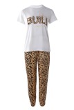 White Casual Print Leopard O Neck Short Sleeve Two Pieces