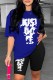 Blue Casual Print Letter O Neck Short Sleeve Two Pieces