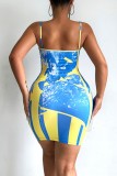 Blue Sexy Print Backless Spaghetti Strap Sleeveless Dress Dresses