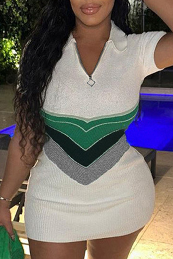 White Casual Striped Patchwork Contrast POLO collar Wrapped Skirt Short Sleeve Dress