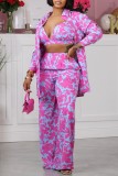 Rose Red Casual Print Cardigan Vests Pants Turndown Collar Long Sleeve Three Piece Set