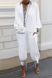 White Casual Print Patchwork Turndown Collar Long Sleeve Two Pieces