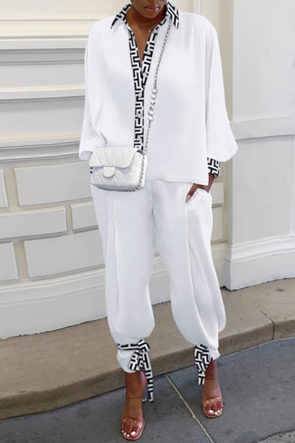 White Casual Print Patchwork Turndown Collar Long Sleeve Two Pieces