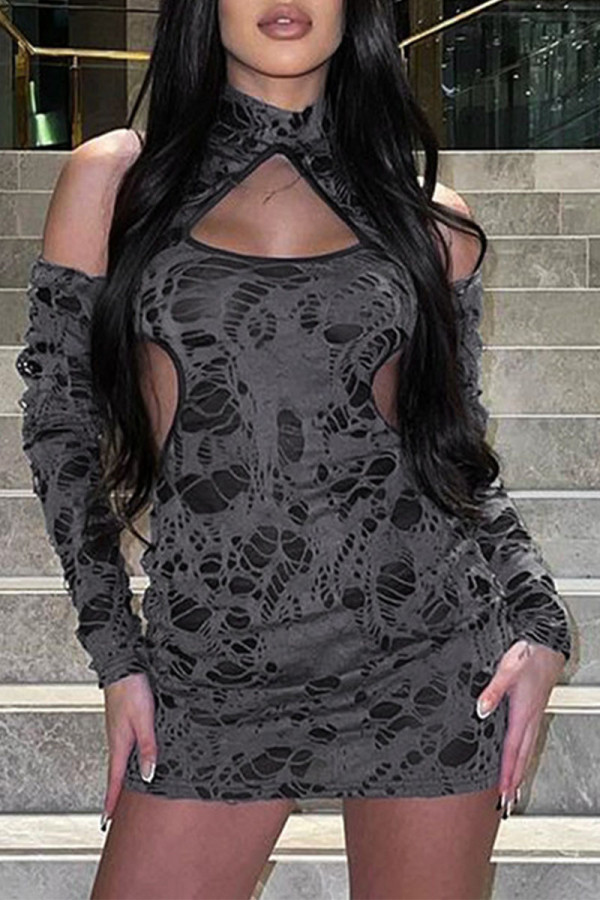 Grey Sexy Solid Ripped Hollowed Out Patchwork Half A Turtleneck Wrapped Skirt Dresses