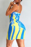 Blue Sexy Print Backless Spaghetti Strap Sleeveless Dress Dresses