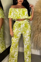 Green Sexy Casual Print Backless Off the Shoulder Half Sleeve Two Pieces