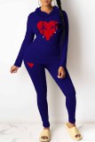 Deep Blue Casual Print Patchwork Hooded Collar Long Sleeve Two Pieces
