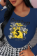 Navy Blue Daily Simplicity Print Patchwork Letter O Neck Tops