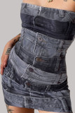 Black Street Print Patchwork Strapless Wrapped Skirt Dresses