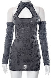 Grey Sexy Solid Ripped Hollowed Out Patchwork Half A Turtleneck Wrapped Skirt Dresses