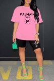 Pink Casual Print Letter O Neck Short Sleeve Two Pieces