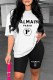 White Casual Print Letter O Neck Short Sleeve Two Pieces
