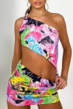 Colour Sexy Print Patchwork Frenulum Fold Oblique Collar Sleeveless Two Pieces