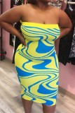 Yellow Sexy Print Backless Strapless Pencil Skirt Dresses