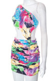 Colour Sexy Print Patchwork Frenulum Fold Oblique Collar Sleeveless Two Pieces