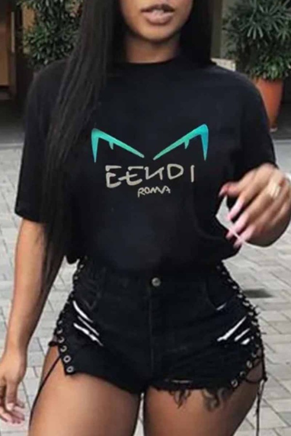 Black Casual Print Letter O Neck T-Shirts