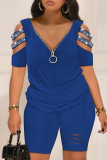 Pink Casual Patchwork Hot Drilling Hollowed Out Zipper V Neck Short Sleeve Two Pieces