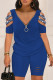 Blue Casual Patchwork Hot Drilling Hollowed Out Zipper V Neck Short Sleeve Two Pieces
