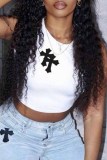 White Sexy Print Patchwork O Neck Tops