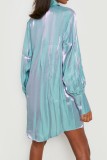 Blue Casual Solid Patchwork Turndown Collar Shirt Dress Dresses