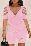 Pink Casual Patchwork Hot Drilling Hollowed Out Zipper V Neck Short Sleeve Two Pieces
