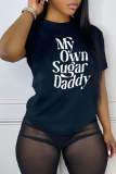 Black Casual Daily Print Patchwork Letter O Neck T-Shirts