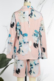 Rose Red Casual Print Cardigan Turndown Collar Long Sleeve Two Pieces