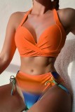 Pink Sexy Gradual Change Print Frenulum Backless Swimsuit Three Piece Set (With Paddings)
