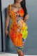 Orange Casual Print Basic U Neck Vest Dress Dresses
