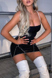 Black Sexy Solid Patchwork Backless Strap Design Halter One Step Skirt Dresses