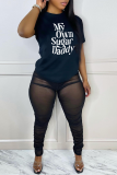 Black Casual Daily Print Patchwork Letter O Neck T-Shirts