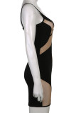 Black Casual Solid See-through Mesh Oblique Collar One Step Skirt Dresses