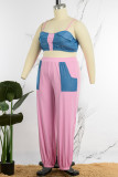Pink Casual Solid Patchwork Spaghetti Strap Plus Size Two Pieces