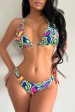 Green Sexy Print Bandage Backless Swimsuit Three Piece Set (With Paddings)