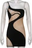 Black Casual Solid See-through Mesh Oblique Collar One Step Skirt Dresses