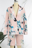 Rose Red Casual Print Cardigan Turndown Collar Long Sleeve Two Pieces